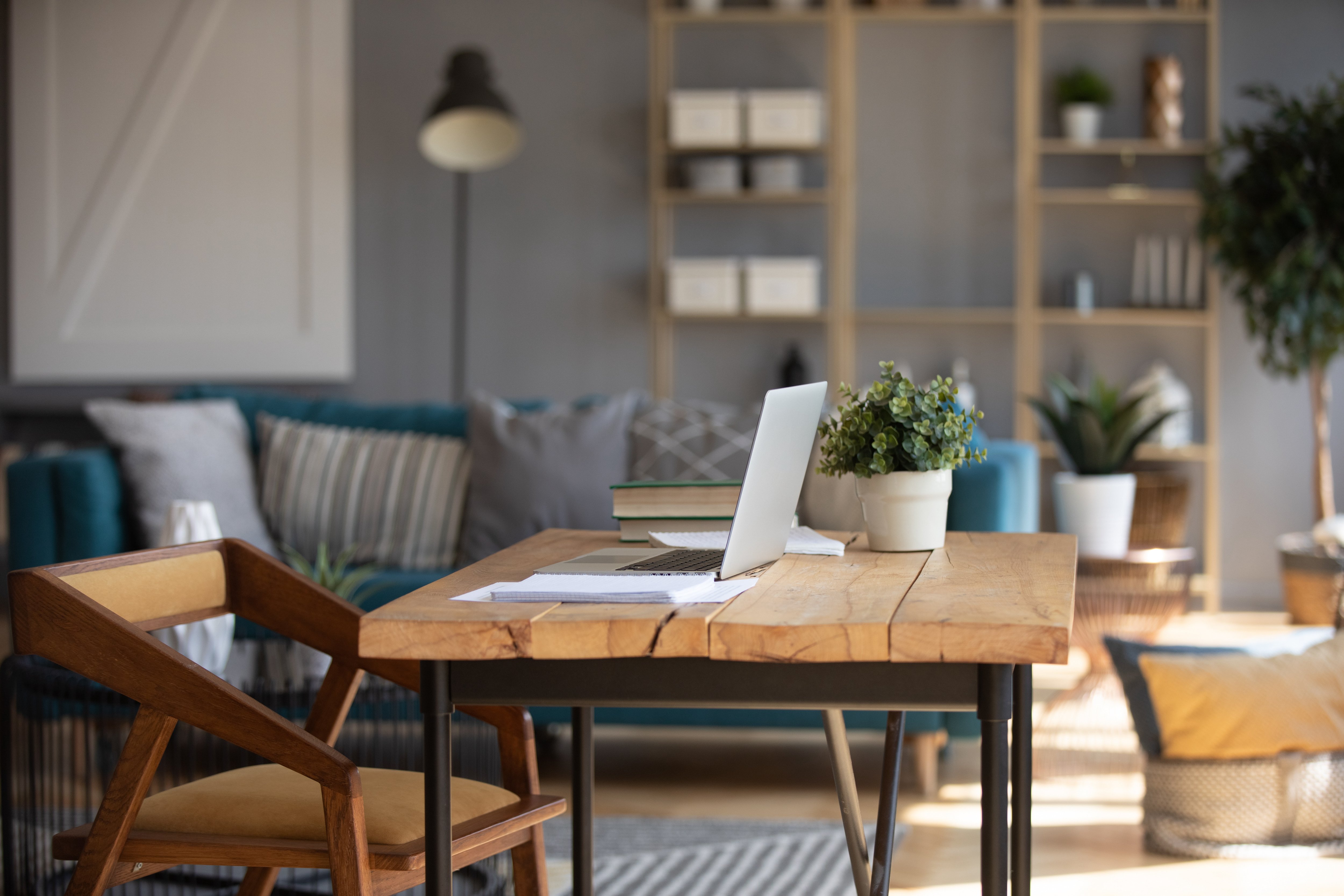 Farmhouse modern home office with wood desk and modern chair